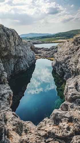 Serene coastal waters reflect sky and surrounding rocky landscape in a tranqu...