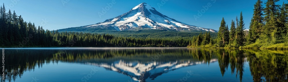 Breathtaking view of a snow-capped mountain mirrored in a serene lake, surrounded by lush evergreen trees, showcasing nature's tranquil beauty. Breathtaking view of a snow-capped mountain mirrored in a serene lake, surrounded by lush evergreen trees, showcasing nature's tranquil beauty.