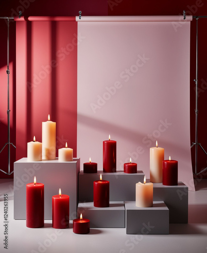 Arranged Red and White Candles on Modern Display with Pink Backdrop in Minimalistic Studio Setup
