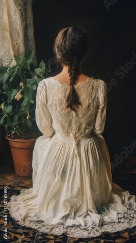 Relaxing moment of woman in a white dress enjoying sunlight indoors with plants