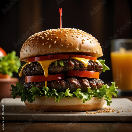 Gourmet cheeseburger with melted cheddar, lettuce, and tomato on a sesame seed bun, served with a refreshing drink.