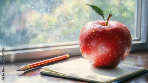 Fresh red apple with water droplets on notebook near window in bright natural...