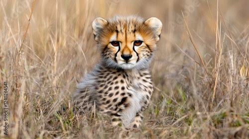 Cheetah cub resting in tall grass during golden hour in the savanna landscape