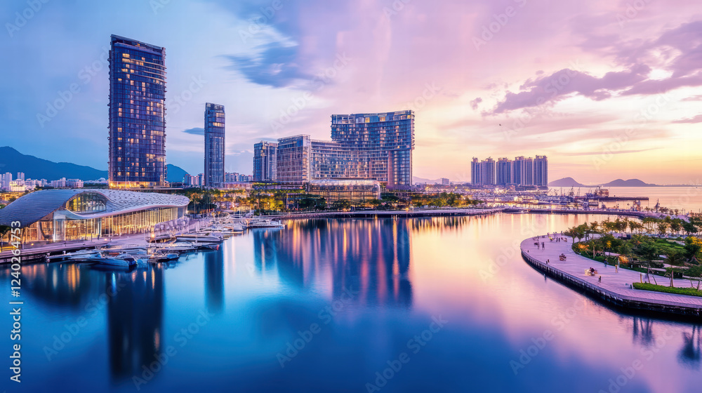 Fototapeta premium scenic waterfront view featuring modern buildings, recreational areas, and vibrant sunset. calm water reflects colorful skyline, creating serene atmosphere