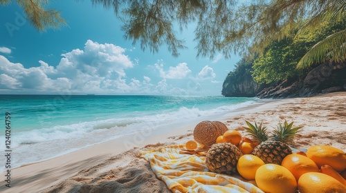 Tropical beach picnic with fresh fruits and beautiful ocean view on a sunny day
