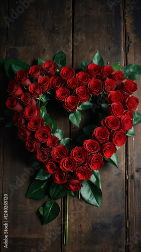Heart-shaped arrangement of red roses with green leaves on a rustic wooden background, symbolizing love and romance.