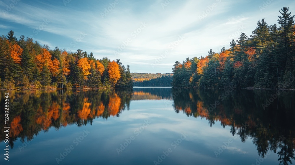 Tranquil Autumn Reflection on a Still Lake Tranquil Autumn Reflection on a Still Lake