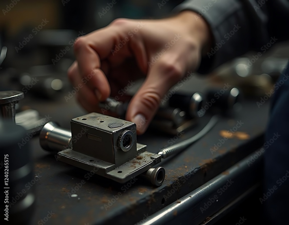 A hand carefully assembles small metallic components A hand carefully assembles small metallic components
