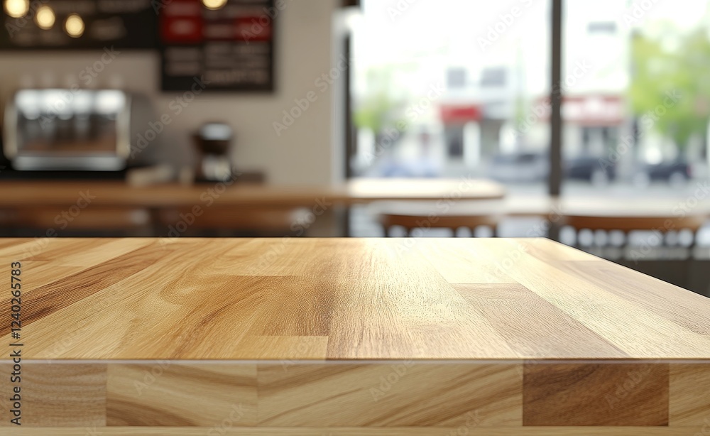 Naklejka premium Empty wood table, cafe backdrop, city view, product placement