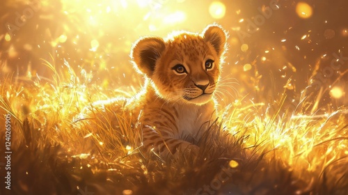 Young lion cub basking in golden sunlight amidst sparkling grass at twilight