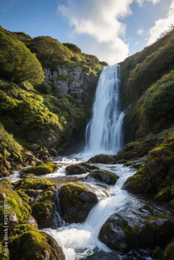 there is a waterfall that is flowing down a hill with moss there is a waterfall that is flowing down a hill with moss