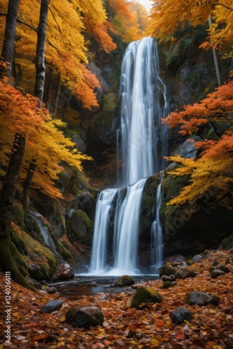 there is a waterfall in the middle of a forest with lots of leaves