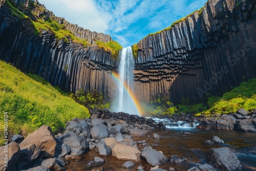 Majestic waterfall cascades over basalt cliffs with rainbow near a serene river