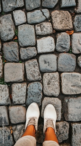 Young woman standing on cobblestone street wearing light shoes during daytime
