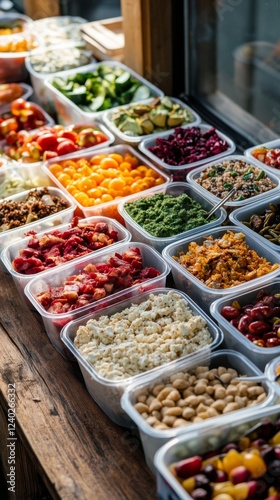 Colorful assortment of fresh ingredients displayed in containers at a market