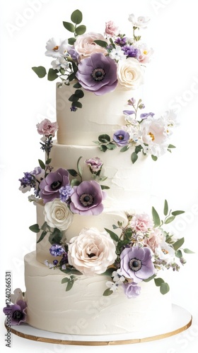 Elegant floral three-tier wedding cake decorated with lavender and white blos...