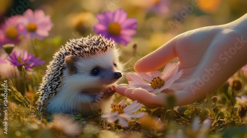 Cute hedgehog exploring a colorful flower garden during a sunny afternoon