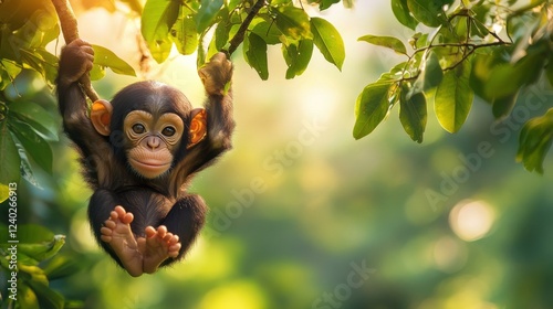 Young monkey swings playfully in a lush forest during golden hour sunlight