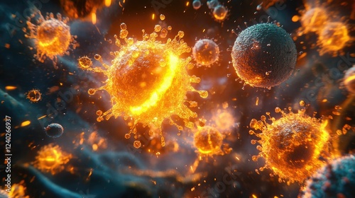 3D depicting a cutting edge immunotherapy treatment concept where glowing agents are shown attacking and destroying cancer cells