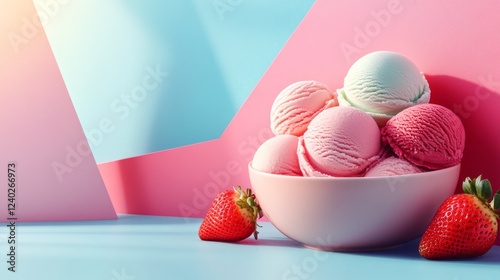 Delicious ice cream assortment with fresh berries on colorful background