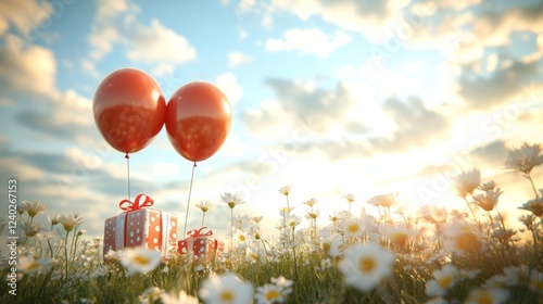 Colorful balloons and beautifully wrapped gifts float in a bright sky celebra...