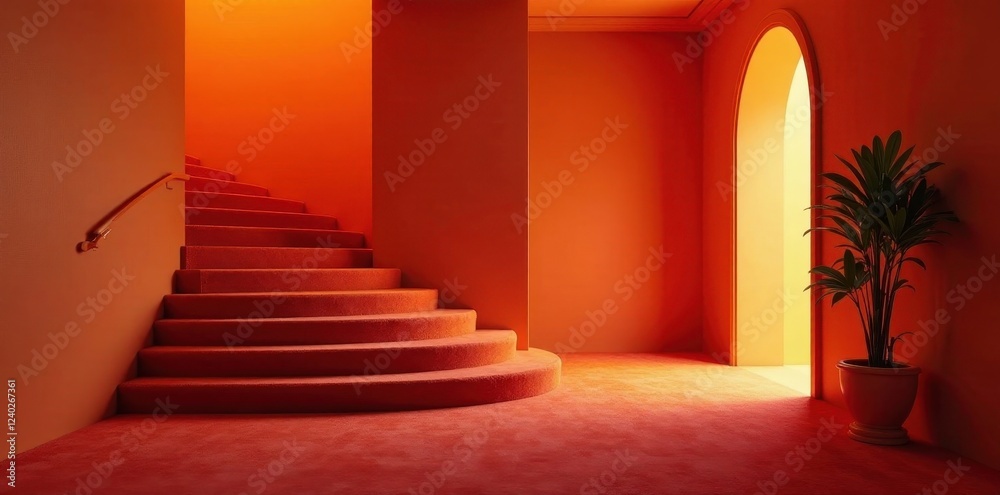 Obraz premium A vibrant orange interior showcasing a curved carpeted staircase and an arched doorway, illuminated by warm sunlight
