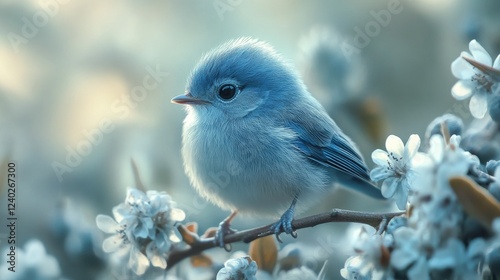 Small blue bird perched on a flower branch in a serene natural setting during...