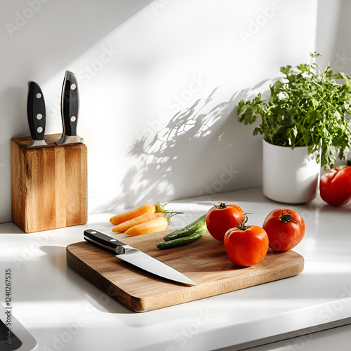 Culinary Scene: A pristine kitchen counter displays a wooden cutting board, sharp knives, and fresh vegetables, inviting the viewer into a world of culinary delight.