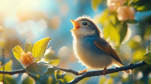 Cute fluffy bird perched on a branch surrounded by cherry blossoms in bright ...