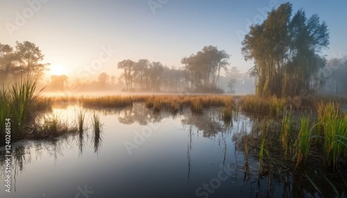 Misty Sunrise Over a Tranquil Swamp