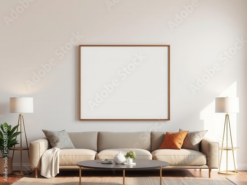 A mockup of a living room wall art with a frame, giving a preview of how it would look in a home setting, design, decor, display