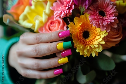 Colorful nails holding a vibrant bouquet of flowers in bright spring tones