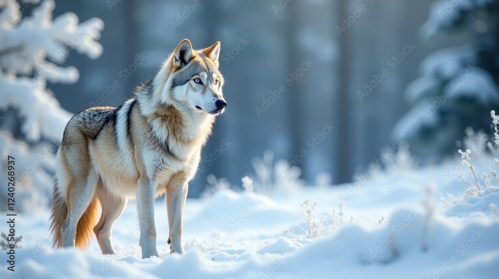 Obraz premium A lone wolf stands proudly amidst a pristine winter landscape, its fur blending seamlessly with the snowy surroundings, a breathtaking scene of serene beauty and untamed wilderness.