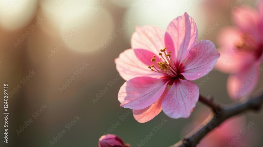 Fototapeta premium A Delicate Pink Blossom at Sunset, Illuminated by Golden Light, Showing Intricate Petals and Stamens