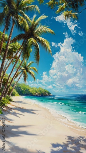 Vibrant tropical beach with palm trees and clear blue sky in a peaceful coast...