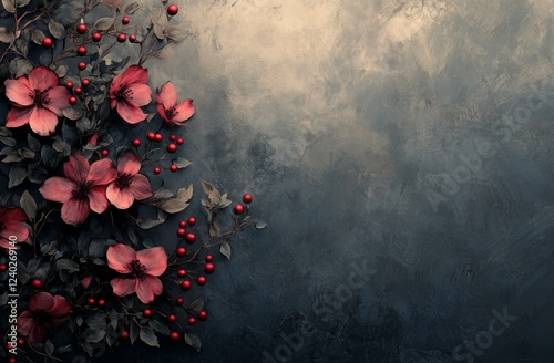 Decorative arrangement of red leaves and berries on textured background for s...