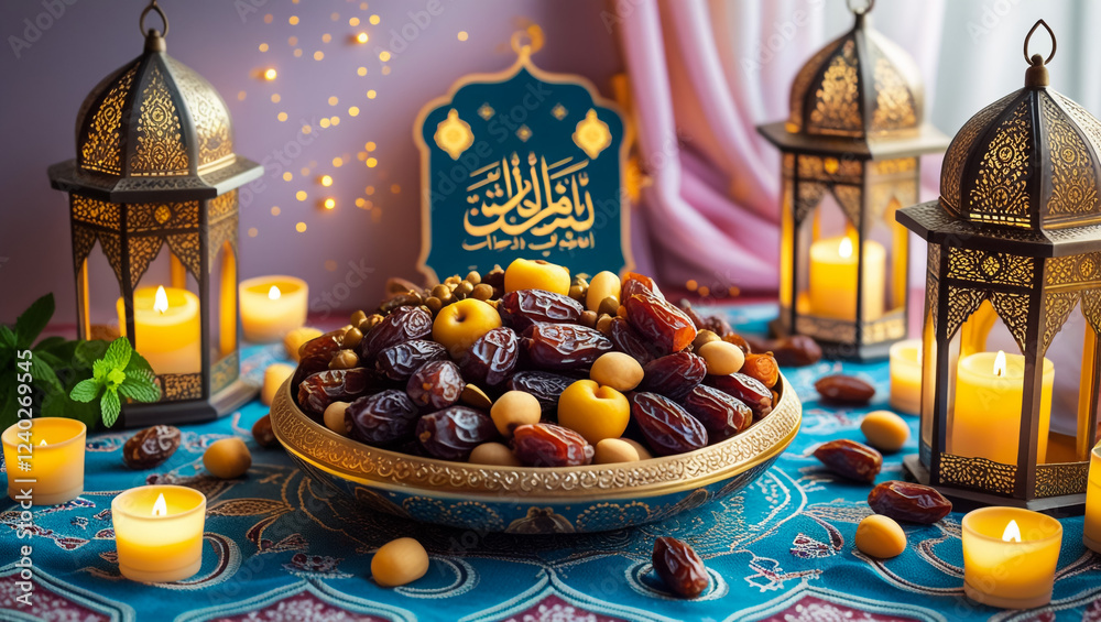 Ramadan kareem background . White Ramadan moon decor with Islamic prayer beads , lantern fanous and date fruits Ramadan kareem background . White Ramadan moon decor with Islamic prayer beads , lantern fanous and date fruits