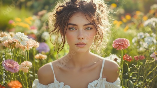 Young woman relaxing among colorful flowers in a lush garden setting during s...