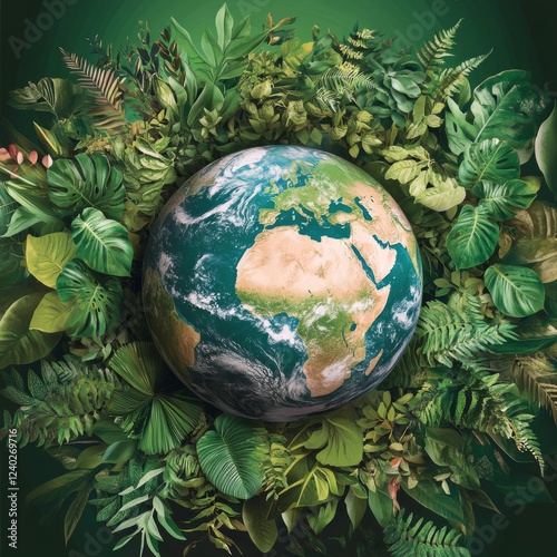 Earth surrounded by vibrant foliage representing nature and environmental har...