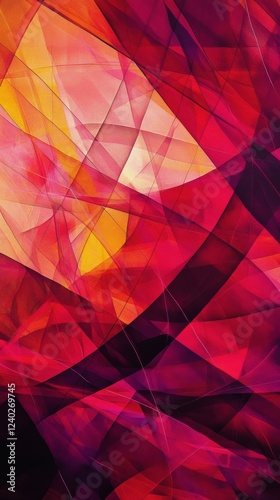Vibrant abstract artwork featuring red and orange geometric shapes creating d...