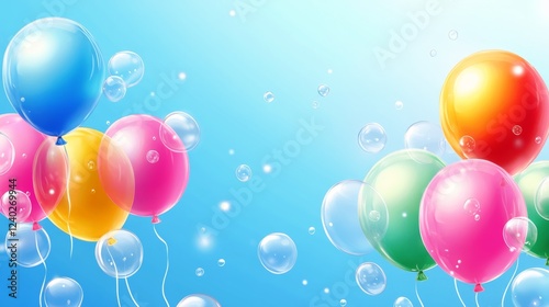 Colorful balloons and bubbles floating against a clear blue sky during a fest...