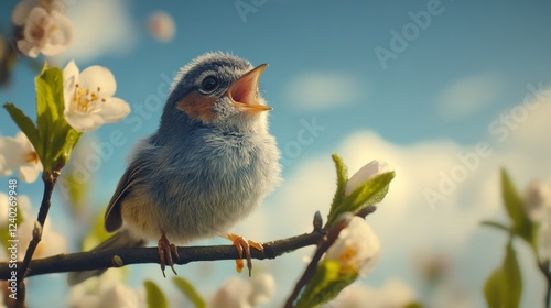 Cute fluffy bird perched on a branch surrounded by cherry blossoms in bright ...