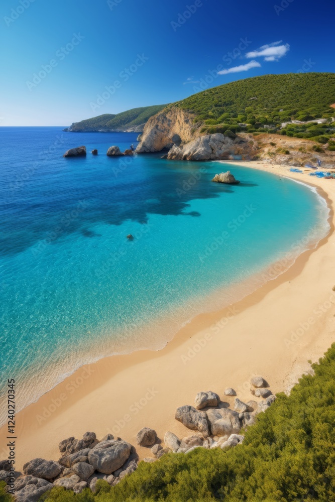 Fototapeta premium arafed view of a beach with a clear blue water and a rocky shoreline