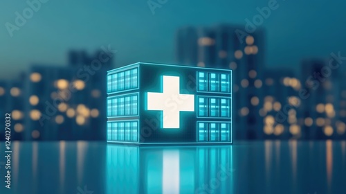 Abstract visual of an interconnected network of glowing hospitals and clinics symbolizing the integrated infrastructure and digital connectivity of modern healthcare providers