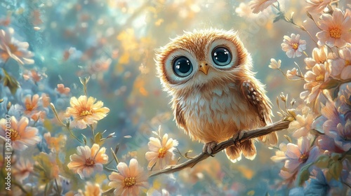 Cute owl perched on a branch surrounded by blooming flowers in a magical gard...