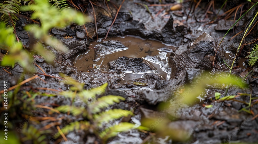 Massive dinosaur footprint in wet mud surrounded by tiny ferns and rocks, showcasing prehistoric life and natural history in a detailed close-up view. Massive dinosaur footprint in wet mud surrounded by tiny ferns and rocks, showcasing prehistoric life and natural history in a detailed close-up view.