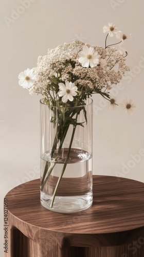 Colorful flower arrangement in a glass vase on a wooden table in a modern set...