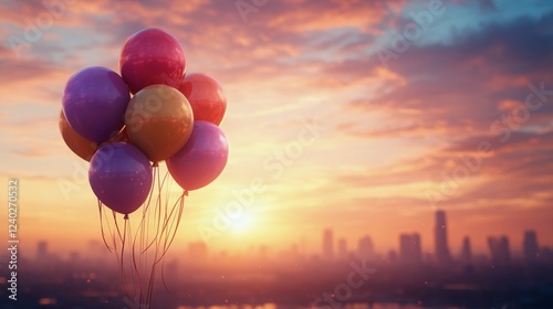 Colorful balloons floating over a serene sunset on the water