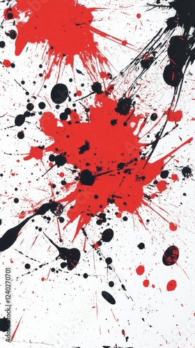 Bold red and black paint splashes creating an abstract art composition on whi...