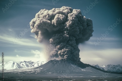 Eruption of a Volcano with Dramatic Smoke and Lava Flow near Majestic Mountains